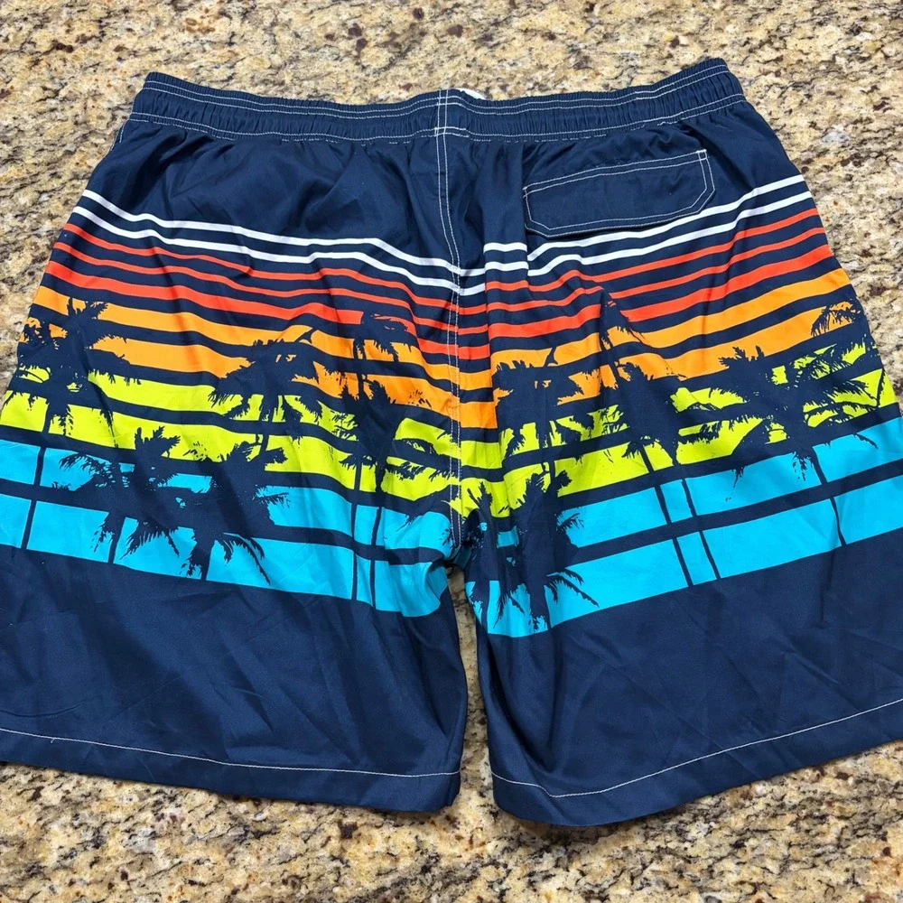 Kailua Surf Mens 4X Swim Trunks Navy Blue Palm Tree Sunset Stripe Board Shorts